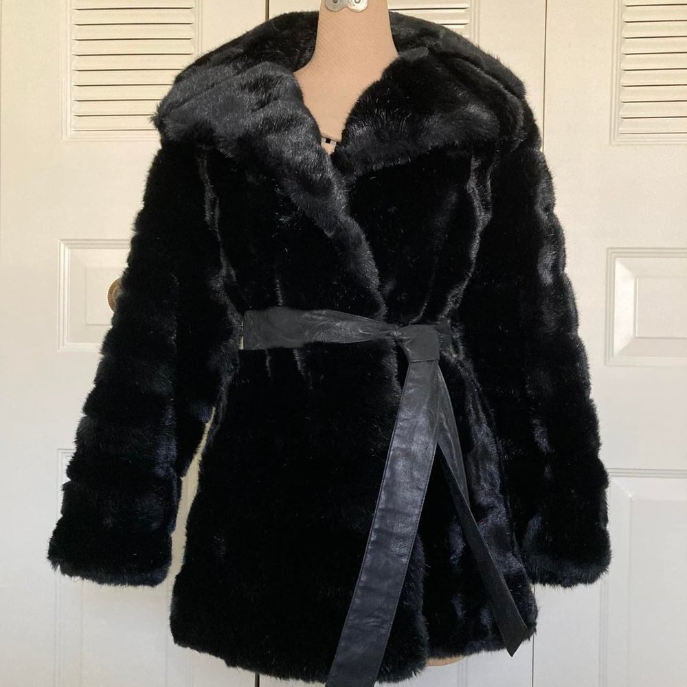 1950s black faux fur short coat, with leather belt